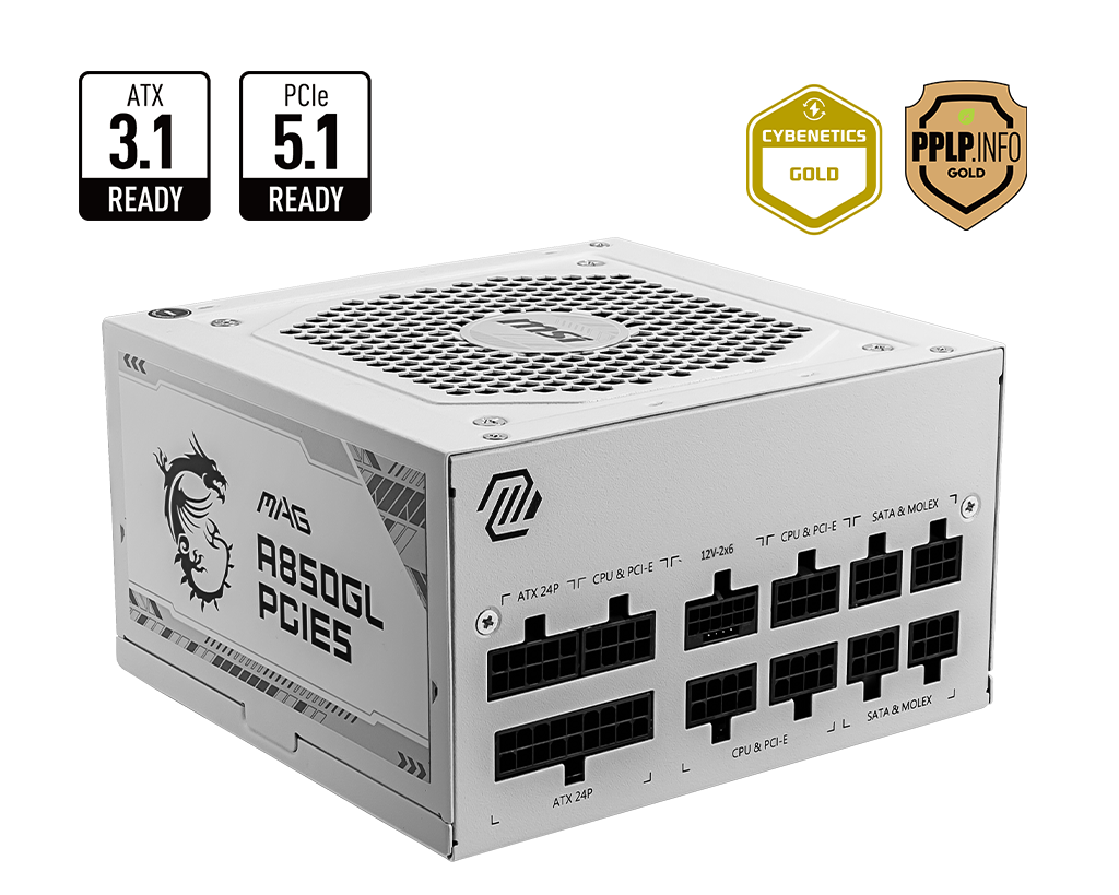 MSI MAG A850GL PCIE5 ATX 3.1 GOLD FULLY MODULAR SMPS WHITE