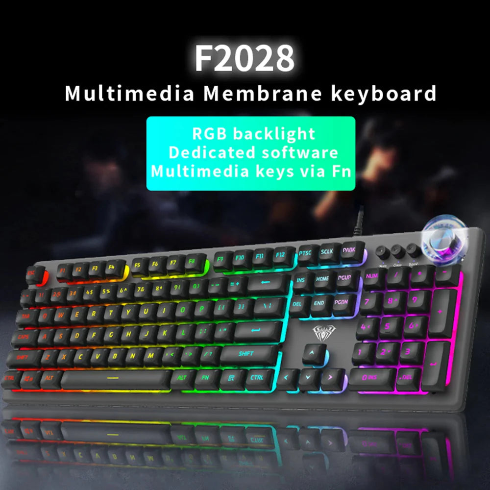 AULA F2028 Full Size RGB Wired Membrane Gaming Keyboard ( Black / Grey ) ( Membrane Switch ) (F2028)