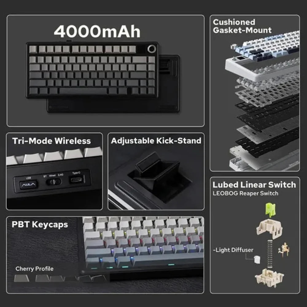 AULA F75 MAX 75% RGB Mechanical Wireless Gaming Keyboard ( Gradient Gray ) ( F75MaxGrR) ( Reaper Switch )