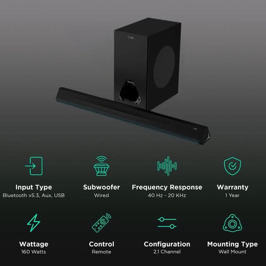 Boat Aavante Bar Aura 160W Bluetooth Soundbar with Remote (Black)