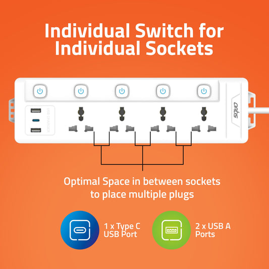 4MS-USBC 4 Universal Multi Switch Sockets with 2 USB-A & USB-C Port Surge protector (White, 2 m)