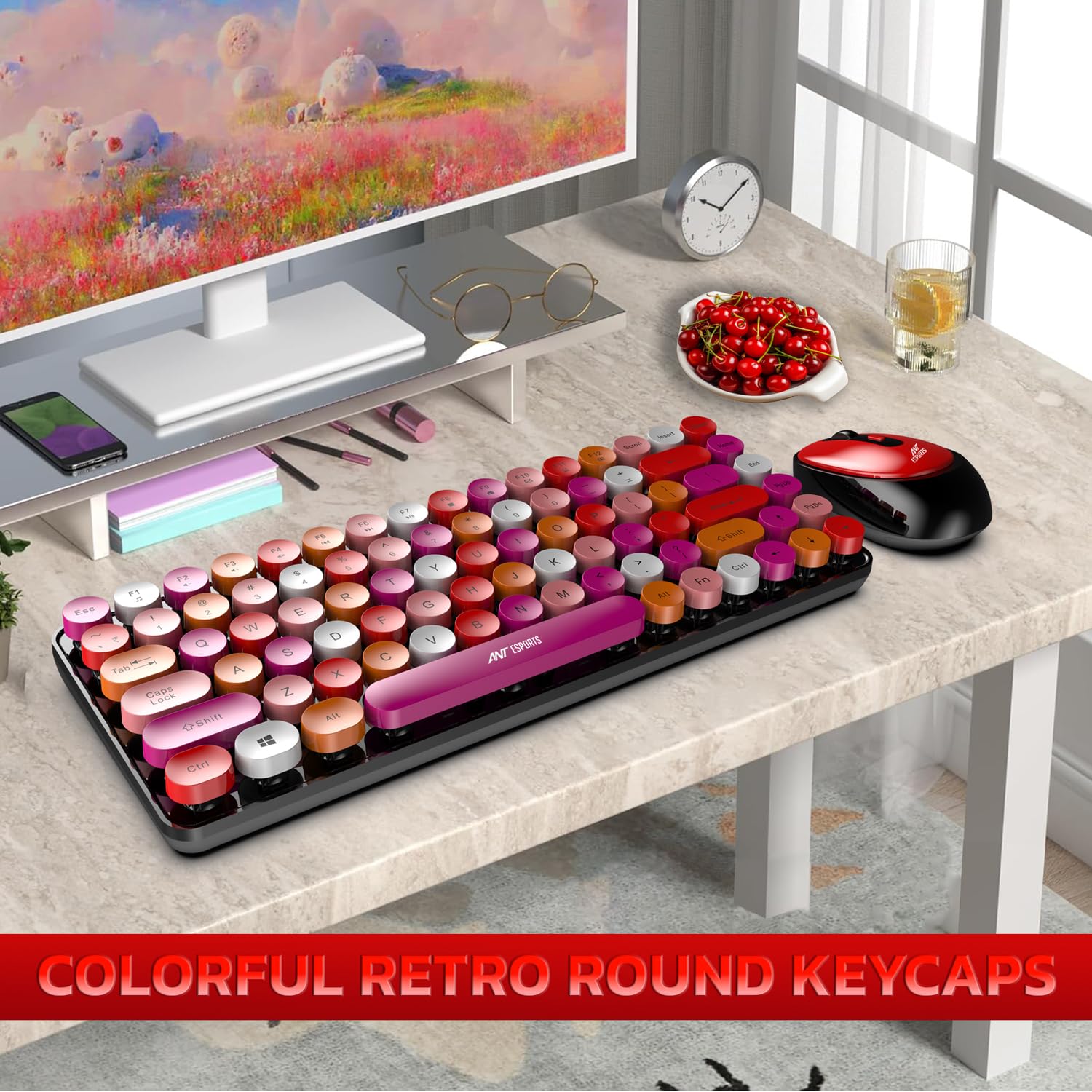 ANT ESPORTS WKM33 WIRELESS RETRO KEYBOARD AND MOUSE COMBO (CHERRY RED) R-41211141, ETA-SD-20221009067, ETA-SD-20221009069