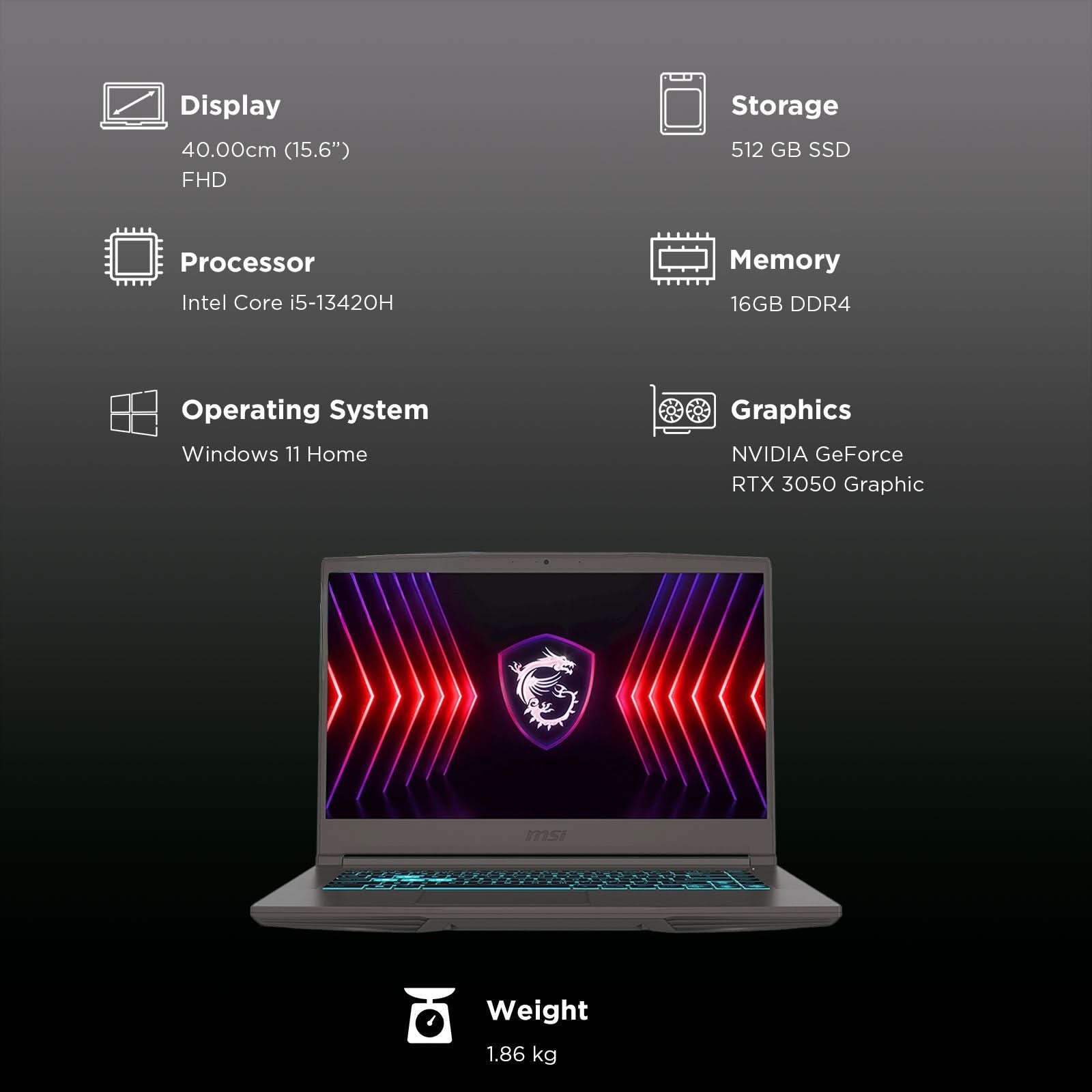 MSI Thin 15 B13UC-3231IN Intel Core i5 13th Gen Gaming Laptop (16GB, 512GB SSD, Windows 11 Home, 4GB Graphics, 15.6 inch 144 Hz Full HD Display, NVIDIA GeForce RTX 3050, MS Office Home 2021, Cosmos Gray, 1.86 KG)