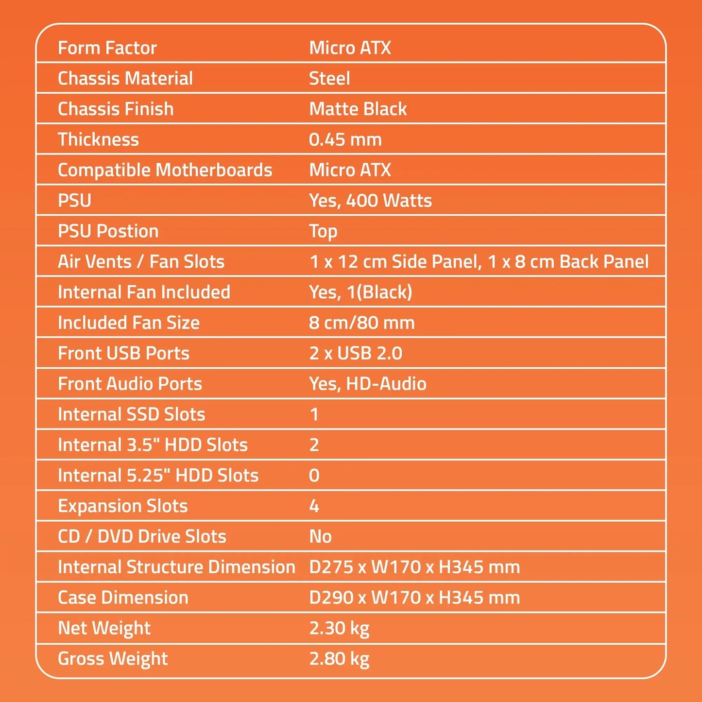 2220 2.0 C Computer Cabinet Support Micro ATX Motherboard, 1 x 80mm Fan with 400W power Supply