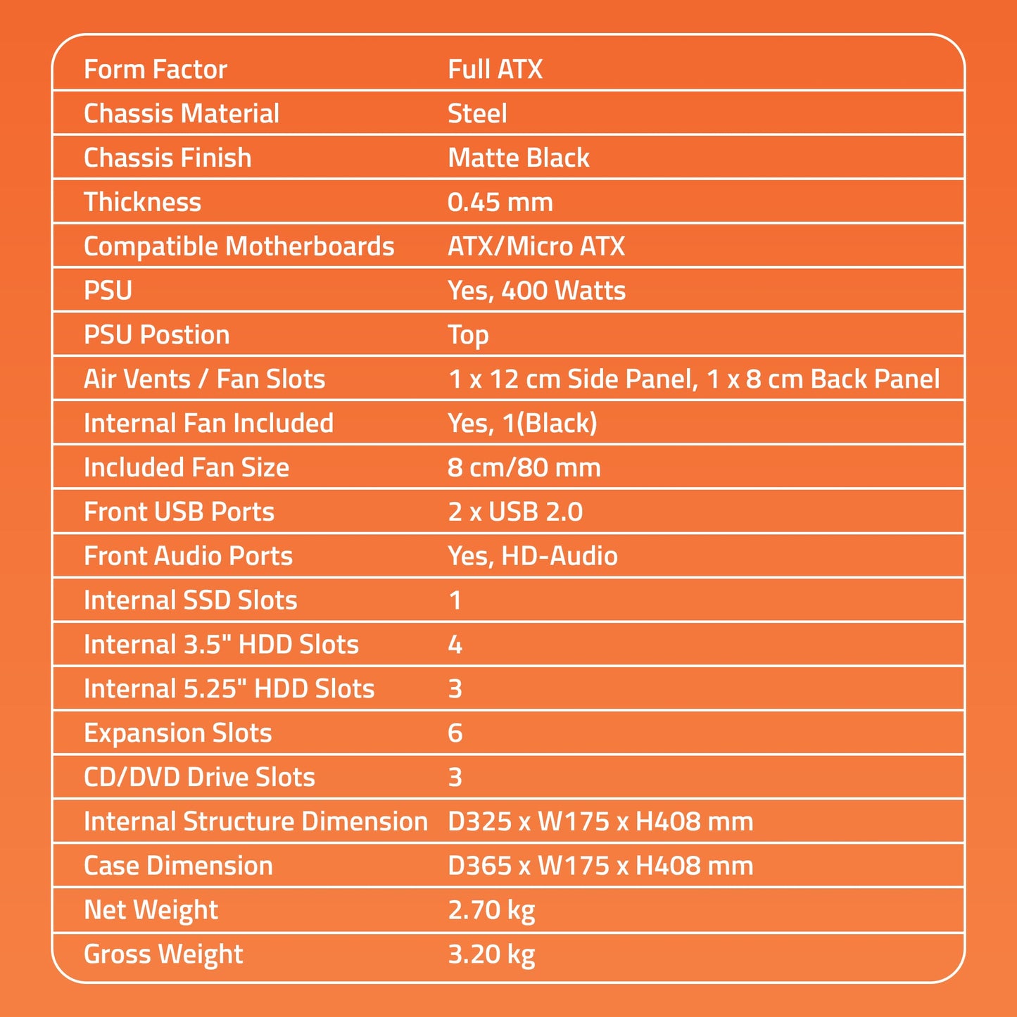 Spark 2.0 Computer Cabinet Support Full ATX/ Micro ATX Motherboard, 1 x 80mm Fan with 400W Power Supply