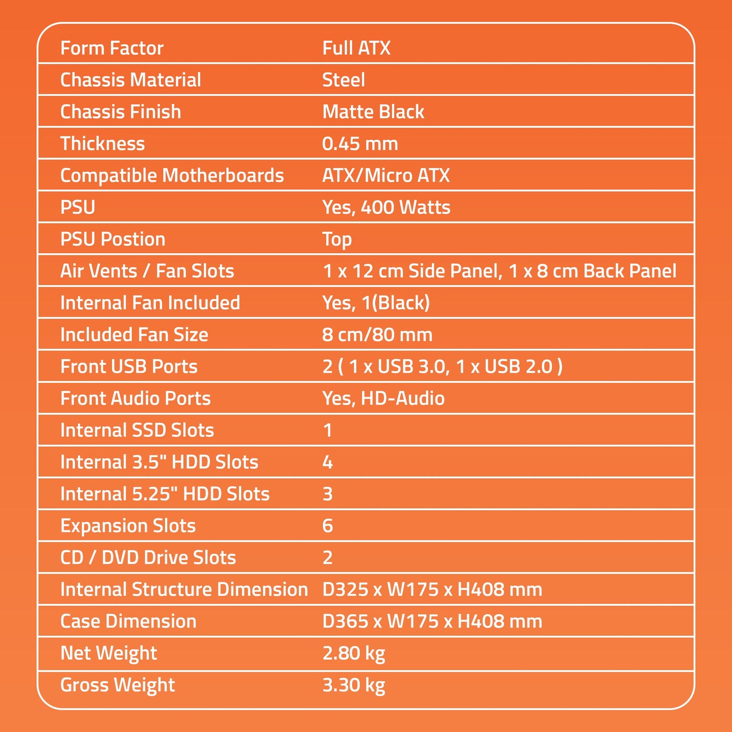 ZEAL 3.0 Computer Cabinet Support Full ATX/ Micro ATX Motherboard,1 x 80mm Fan with 400W Power Supply