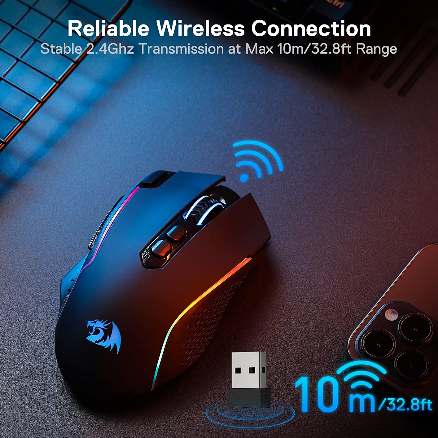 REDRAGON TAIPAN Pro M810 Wired / Wireless Ambidextrous Gaming Mouse ( REDRAGON TAIPAN Pro M810 ) ( 10000DPI / 8 Macro Button ) ( Black )