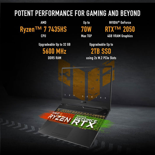 ASUS TUF GAMING A15, 15.6 INCH (39.62CM) FHD 16:9 144HZ, AMD RYZEN 7 7435HS, GAMING LAPTOP (16 DDR5/512GB SSD/NVIDIA GEFORCE RTX 2050/WINDOWS 11 HOME/GRAPHITE BLACK/2.30 KG), FA506NFR-HN045W