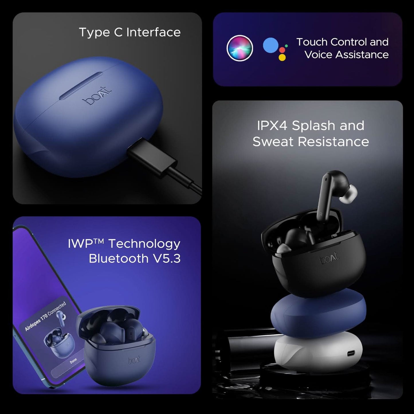 Boat Airdopes 170 TWS in Earbuds Bluetooth v5.3 (Tranquil Blue)