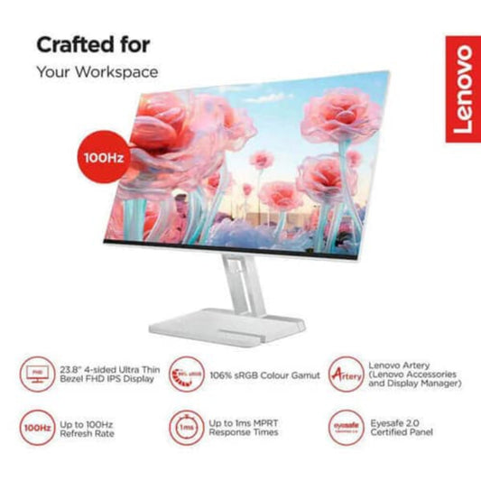 LENOVO L24i-4A 24 Inch FHD 100Hz IPS Panel 99% SRGB 4MS AMD Freesync Business Monitor (White) - Mehta Brothers Shop