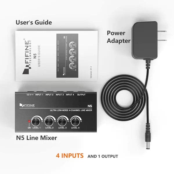 FIFINE N5 Four Channel Line Mixer With Individual Volume Controls