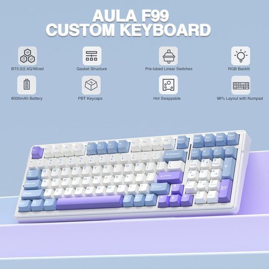 AULA F99 BLUE WHITE GRAYWOOD SWITCH MECHANICAL GAMING KEYBOARD