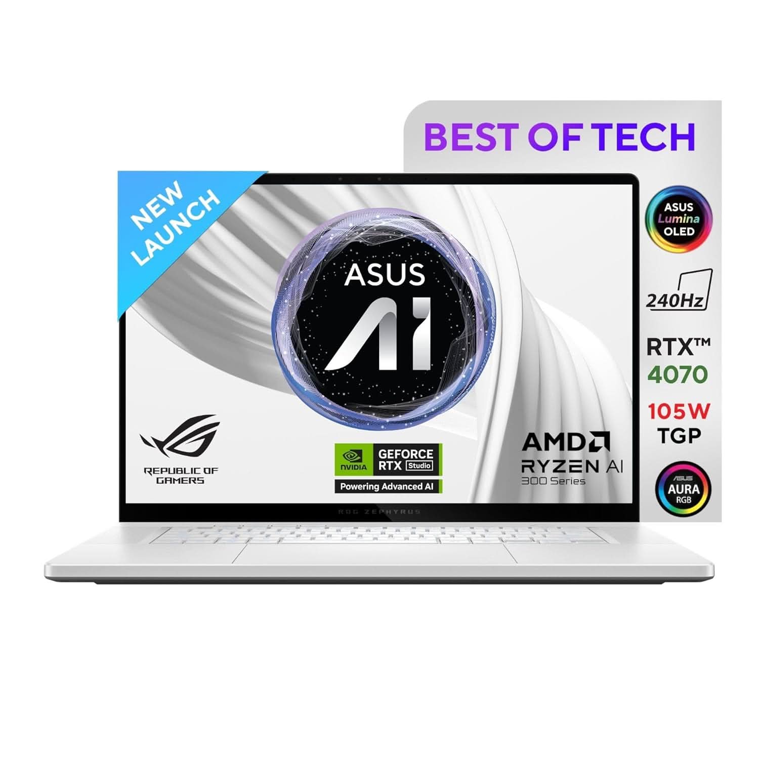 ASUS ROG ZEPHYRUS G16, GAMING LAPTOP, 16 INCH 2.5K OLED ROG NEBULA DISPLAY, 240HZ 500 NITS, AMD RYZEN AI 9 HX 370 (32GB RAM/2TB SSD/RTX 4070/WIN 11/OFFICE 2021/PLATINUM WHITE/1.85 KG), GA605WI-QR067WS