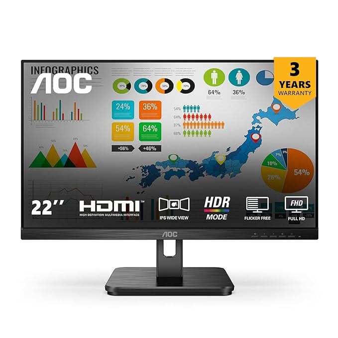 AOC 21.5 IPS Borderless, FHD 1920 x 1080, 100 Hz, 250 cd/mΒ², 4MS, VGA x1, HDMI x1.NTSC 77% / sRGB 102% , Black , Flicker Free , Low Blue Mode, Multitasking Screen Display, Bottom Connectivity of INPUT.
