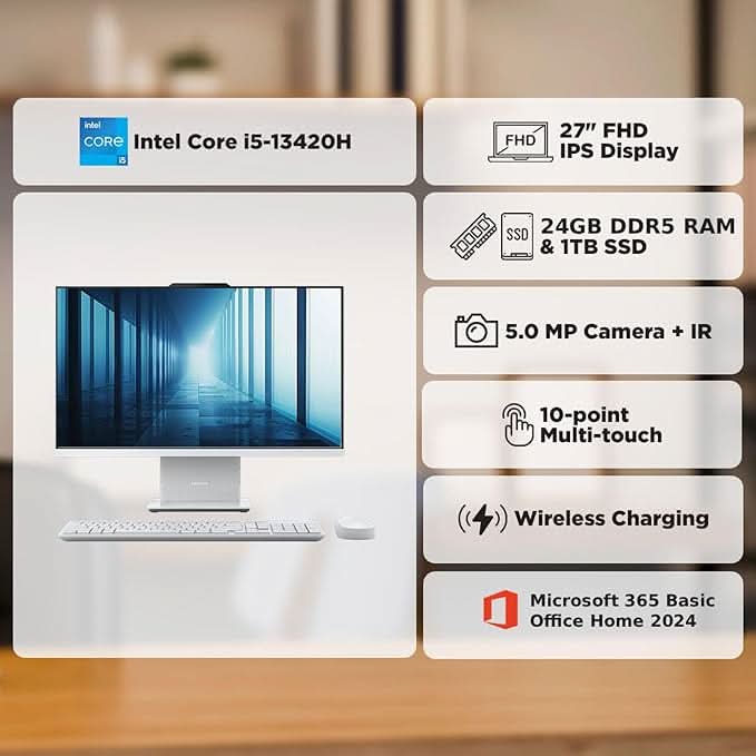 Lenovo IdeaCentre AIO Intel Core i5-13420H 27" FHD Touchscreen (24GB RAM/1TB SSD/Win11/Microsoft 365 + Office 24/3Wx2 Harman/Wireless EOS Keyboard & Mouse,Grey), F0HM00W3IN All-in-One Desktop