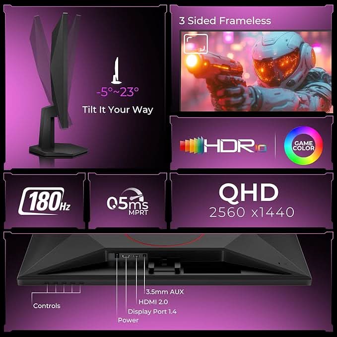 AOC Q27G11E 27 QHD Gaming Monitor β Black/Red | 2560Γ1440 Fast IPS| 180Hz Refresh | 0.5ms MPRT|Adaptive Sync| HDR10| Tilt Stand & Low Blue Light