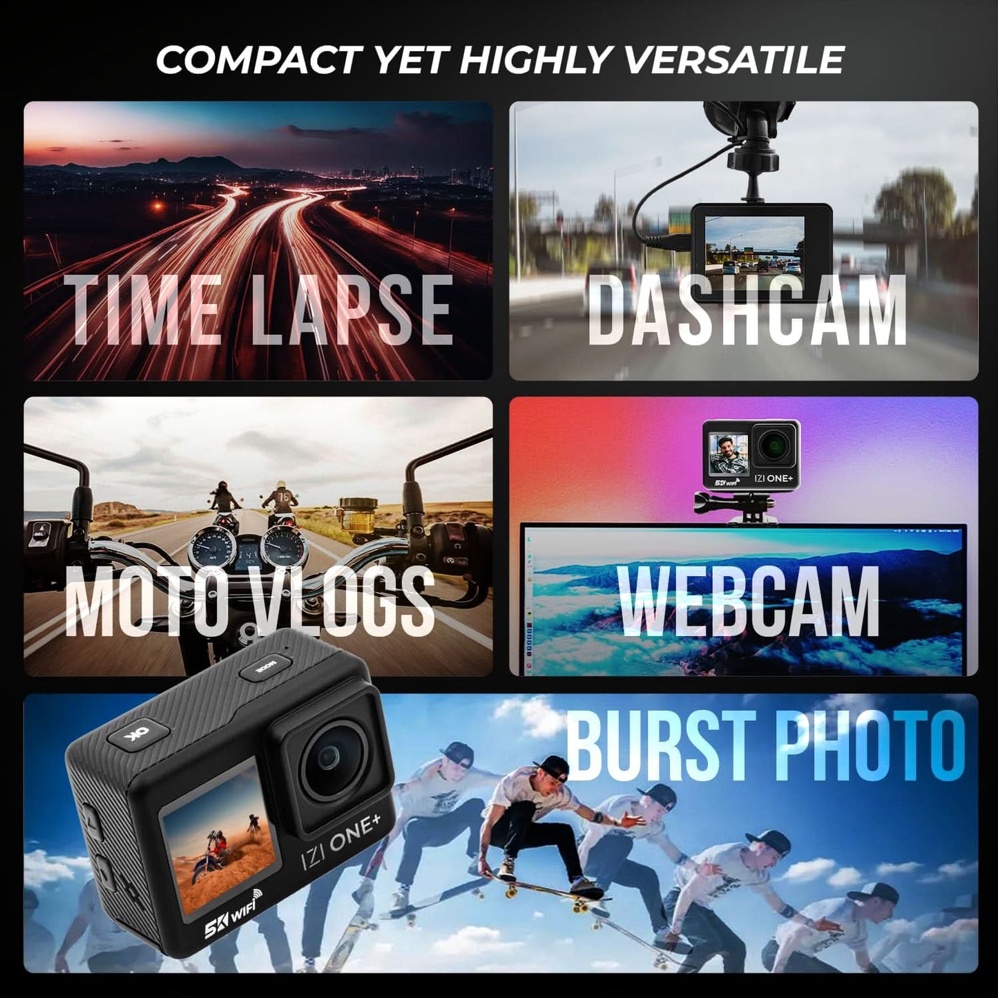 IZI ONE Plus 5K 48MP Action Camera - 6-Axis Gyro Stabilization, 110ft Waterproof, Vlogging, 170 FOV, WiFi, Dual Screen Video Camera, 2X 1350mAh Batteries, Fast C-Type Charge HQ External Mic