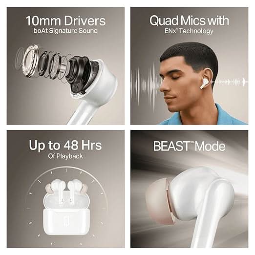 Boat Airdopes 148 Gen 2 TWS Ear Buds Wireless Earphones with mic (Active White)