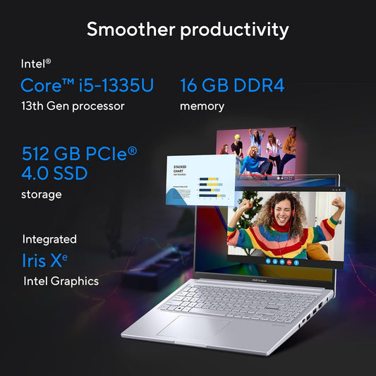 ASUS VIVOBOOK 15X INTEL CORE I5-1335U / 16GB (8*2) DDR4 / 512GB PCIE 4.0 SSD / 15.6-INCH / FHD (1920 X 1080) 16:9 /COOL SILVER /BACKLIT KB / WIN 11 HOME / MS OFFICE LAPTOP K3504VAB-NJ542WS