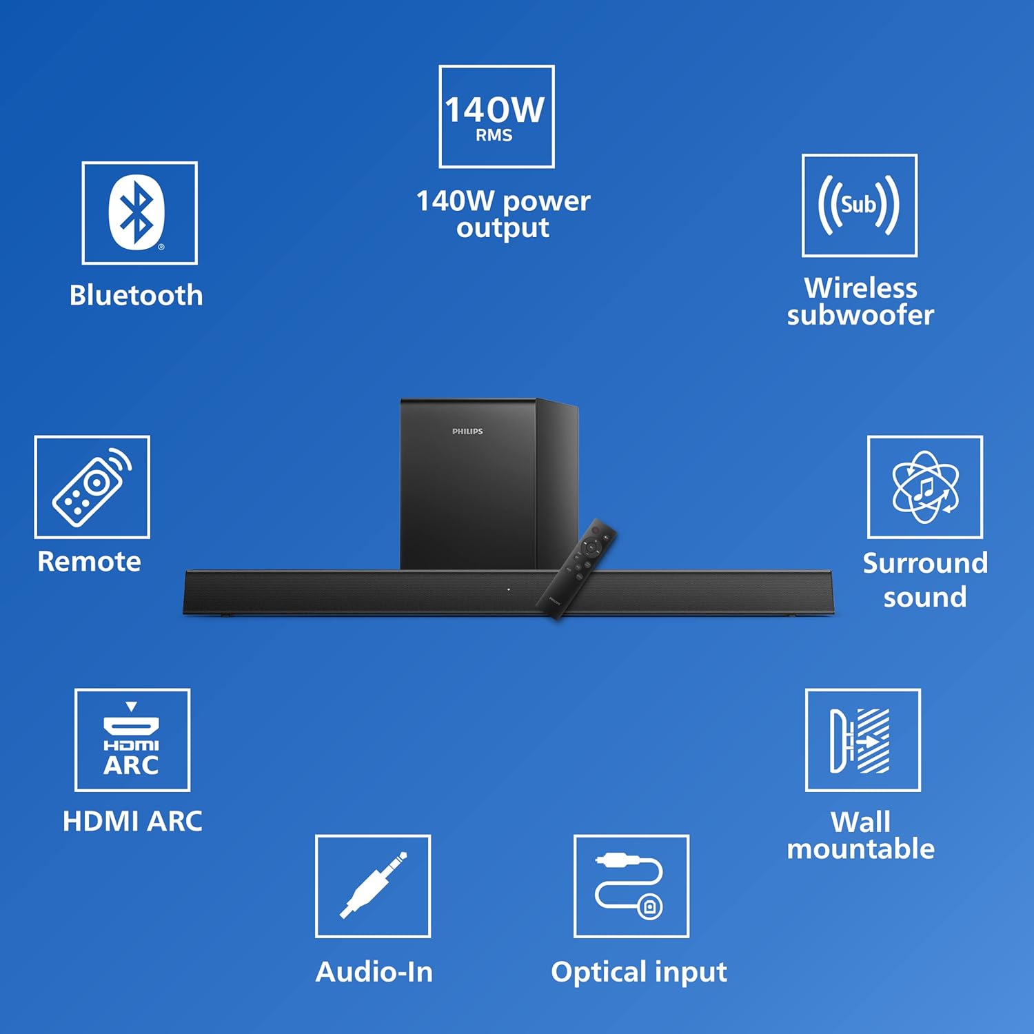 PHILIPS AUDIO TAB5305 2.1CH 140W BLUETOOTH SOUNDBAR WITH WIRELESS SUBWOOFER, MULTIPLE CONNECTIVITY, METAL GRILLE AND POWERFUL BASS