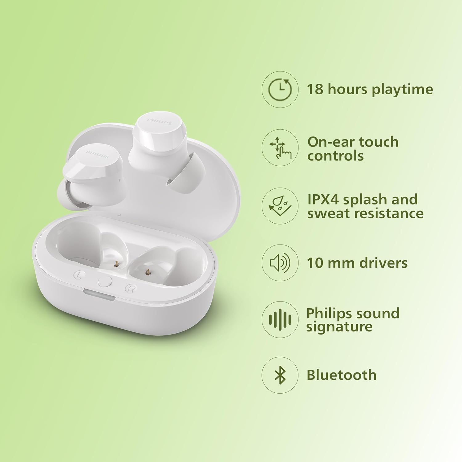PHILIPS TAT1209WT/00 TRUE WIRELESS EARBUDS, IN-EAR ACTIVE NOISE CANCELLING BLUETOOTH V5.3 EARPHONES WITH MIC, 18H PLAY TIME, SHANK SHAPE, IPX4, TOUCH CONTROLS & CHARGING CASE FOR IPHONE/IPAD (WHITE)