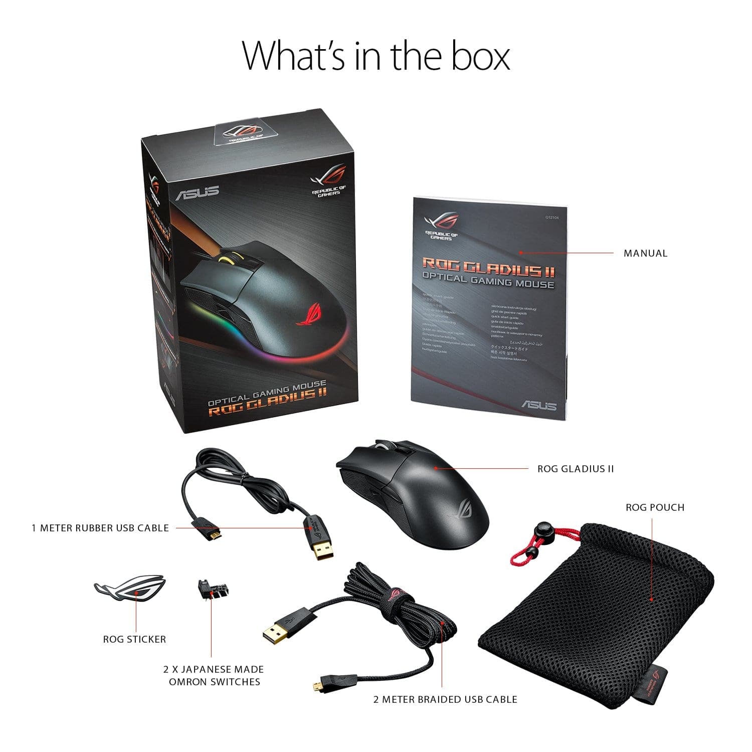 ASUS ROG Gladius 2 Wired Ergonomic RGB Optical Gaming Mouse ( ROG-GLADIUS-II ) ( 12000DPI / 6 Macro Buttons ) ( Black )