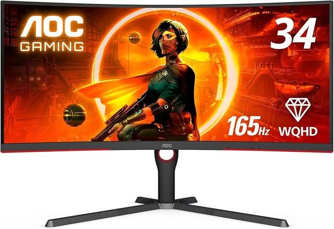 AOC 34 VA Curved, 1000 R, WQHD 3440 x 1440, 165 Hz, 1 ms, 300 cd/mΒ². HDMI 2.0 x 2, DP 1.4 x 2. USB 3.2 x 4, NTSC 97% / sRGB 119% SPEAKER with Hight Adjustable Stand
