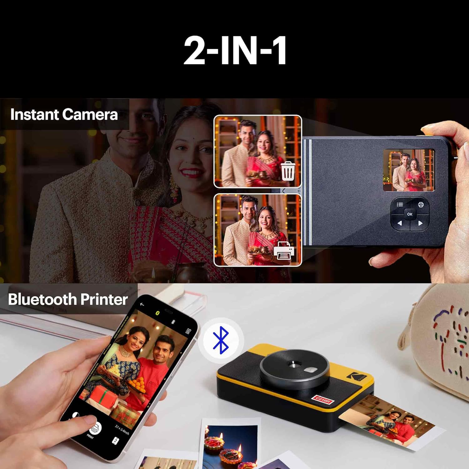 KODAK MINI SHOT 3 RETRO 4PASS 2-IN-1 INSTANT CAMERA AND PHOTO PRINTER (3X3 INCHES) + 68 SHEETS BUNDLE, YELLOW