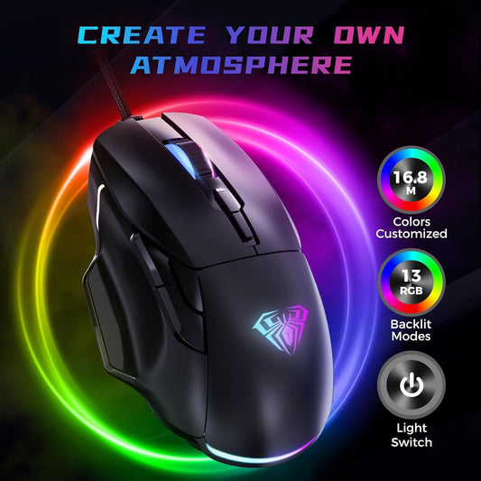 AULA GAMING MOUSE, 12800 DPI RGB WIRED GAMING MOUSE GAMER FOR LAPTOP PC MAC,AULA F815