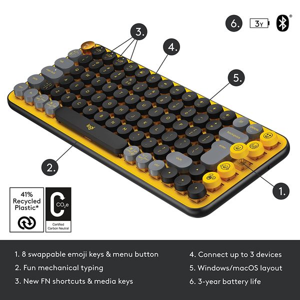 LOGITECH POP Keys 60% Semi Mechanical Wireless Keyboard ( Yellow ) ( Brown Switch )