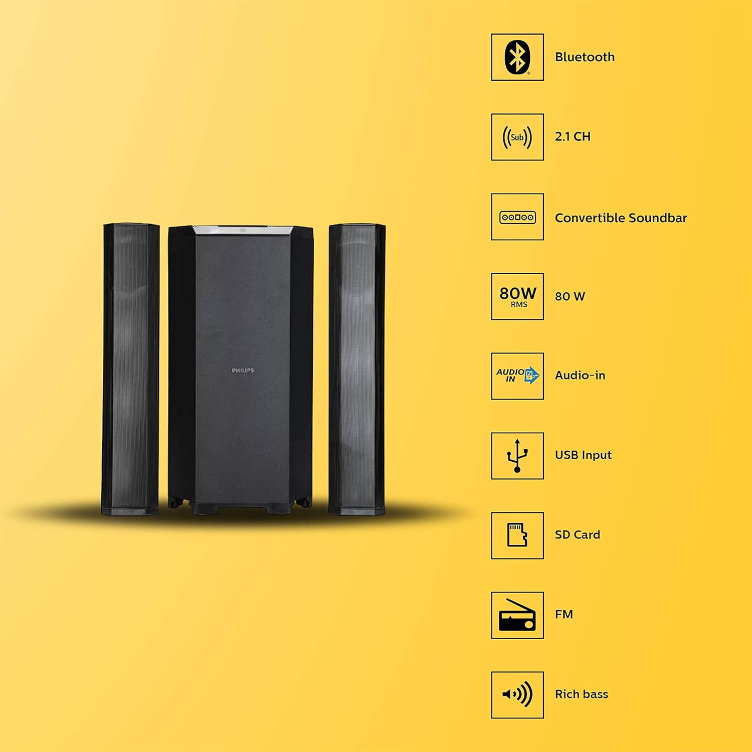 PHILIPS CONVERTIBLE SOUNDBAR MMS8085B, 2.1 CHANNEL WITH MULTIPOINT-CONNECTIVITY OPTION, USB IN, BLUETOOTH CONNECTIVITY 80 WATT, SUPERIOR SOUND, RICH BASS (BLACK)