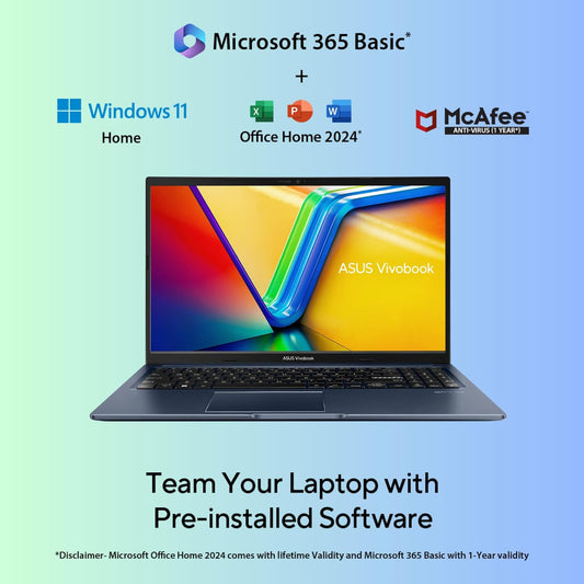 ASUS VIVOBOOK 15, 15.6" FHD (1920 X 1080), INTEL CORE I3-1315U, (8GB RAM/512GB SSD/INTEL UHD IGPU/WINDOWS 11/M365 BASIC (1YEAR)*/OFFICE HOME 2024/QUIET BLUE/1.7 KG), X1504VA-NJ3321WS