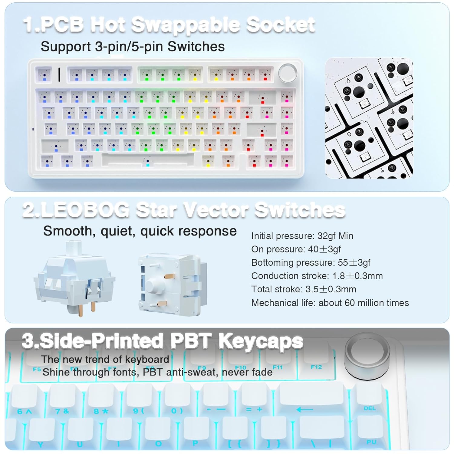 AULA F75 SIDE ENGRAVED MECHANICAL KEYBOARD WHITE + GRADIENT BLUE STAR VECTOR SWITCH