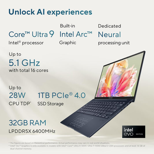 ASUS ZENBOOK 14, INTEL CORE ULTRA 9 185H, 14" 3K OLED 16:10 120HZ, THIN & LIGHT LAPTOP, BUILT-IN AI (32GB/1TB SSD/WIN11/OFFICE 2021/BACKLIT/TOUCHSCREEN/75WHR/PONDER BLUE/1.28 KG), UX3405MA-PZ962WS