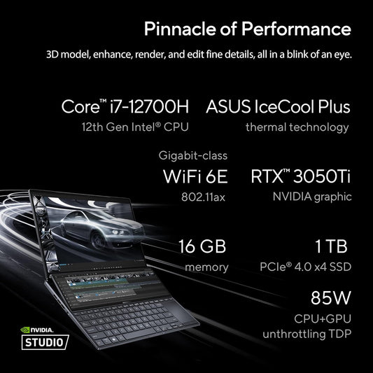 ASUS ZENBOOK PRO 14 DUO OLED (2022) DUAL SCREEN, 14.5" (32.35 CM) 120HZ TOUCH, CREATOR/GAMING LAPTOP, INTEL EVO CORE I9 12TH GEN, (32GB/1TB SSD/4GB RTX 3050 TI/WIN11/BLACK/1.75 KG) UX8402ZE-LM921WS