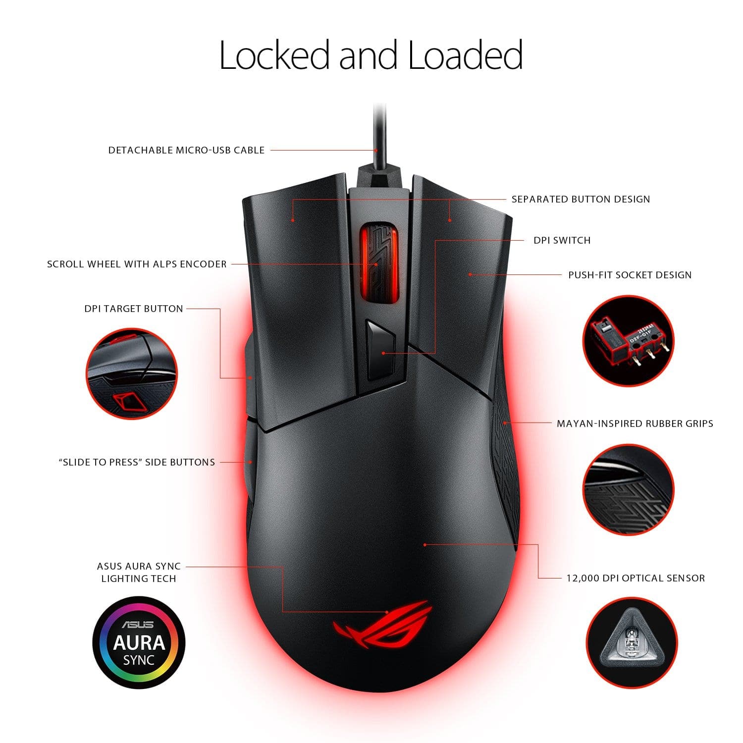 ASUS ROG Gladius 2 Wired Ergonomic RGB Optical Gaming Mouse ( ROG-GLADIUS-II ) ( 12000DPI / 6 Macro Buttons ) ( Black )