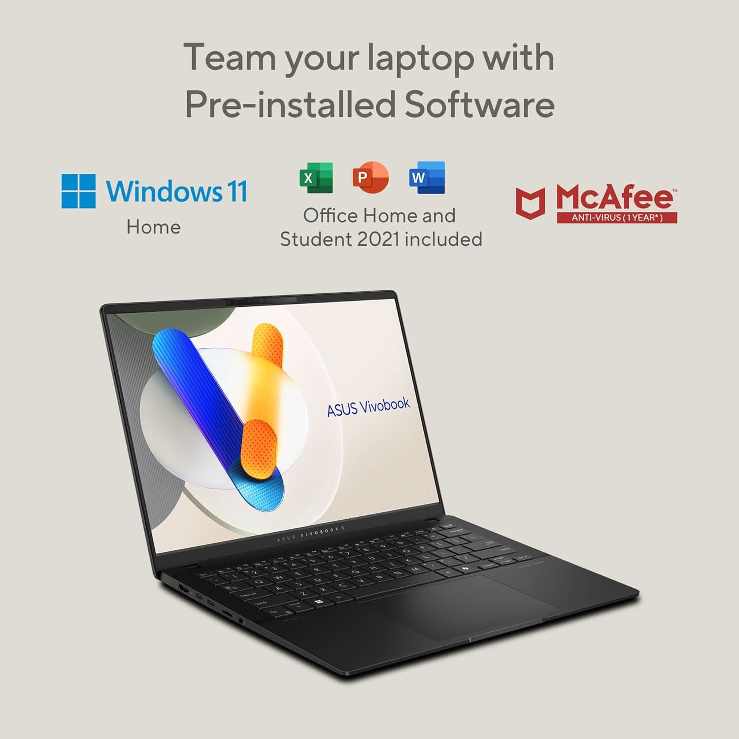 ASUS VIVOBOOK S 14 OLED, 3K OLED 16:10, 120HZ 400 NITS, AMD RYZEN AI 9 HX 370 PROCESSOR 2.0GHZ, BUILT-IN AI (24GB RAM/512GB SSD/WINDOWS 11/OFFICE 2021/NEUTRAL BLACK/1.3 KG), M5406WA-PP961WS