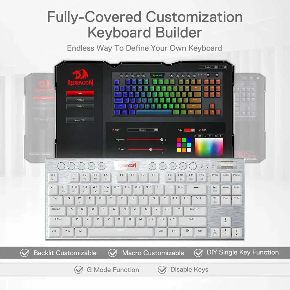 REDRAGON K621 Horus Tenkeyless Low Profile Mechanical Switch Wireless + Bluetooth Gaming Keyboard ( White )