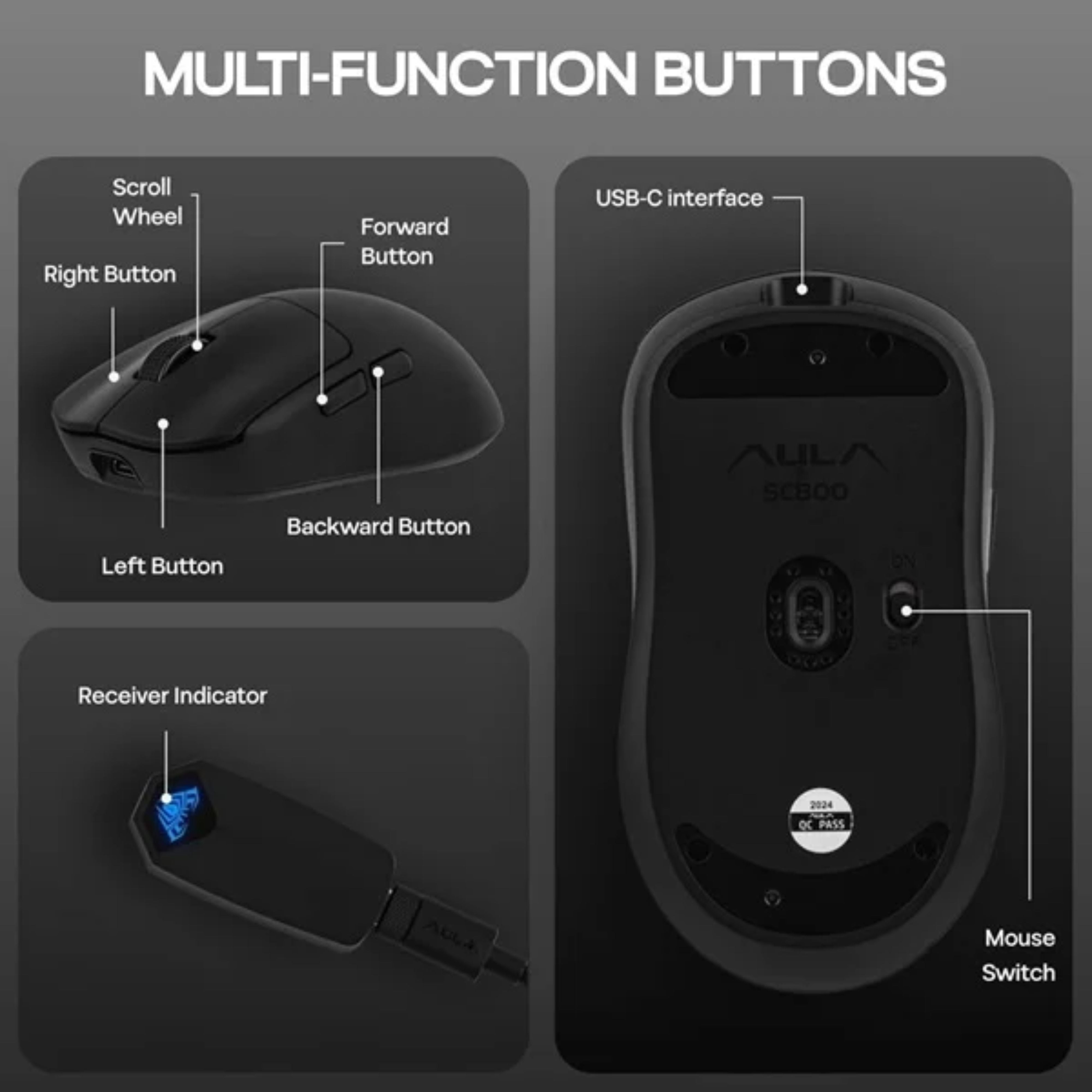 AULA SC800 TRI-MODE WIRELESS 2.4G/WIRED/BLUETOOTH ULTRA-LIGHTWEIGHT GAMING MOUSE | 37GRAMS, ADJUSTABLE 26000 DPI, PAW3395 SENSOR, 8000 POLLING RATE, ULTRA-PRECISE & DURABLE FOR GAMING | BLACK (SC800B)