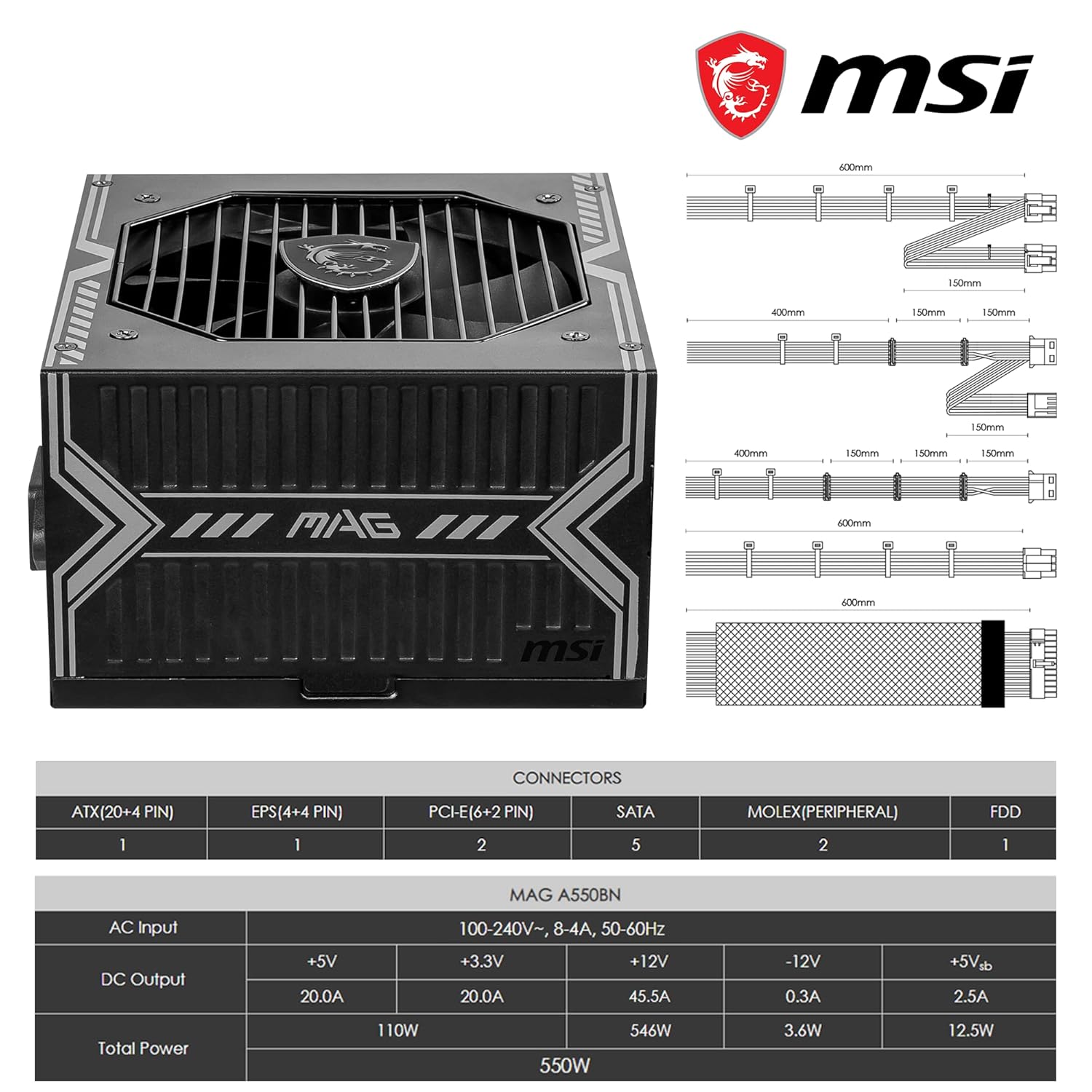 MSI 550W MAG A550BN 80 PLUS BRONZE NON MODULAR SMPS
