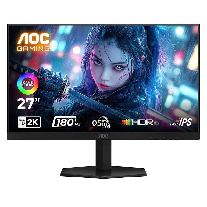 AOC Q27G11E 27 QHD Gaming Monitor β Black/Red | 2560Γ1440 Fast IPS| 180Hz Refresh | 0.5ms MPRT|Adaptive Sync| HDR10| Tilt Stand & Low Blue Light