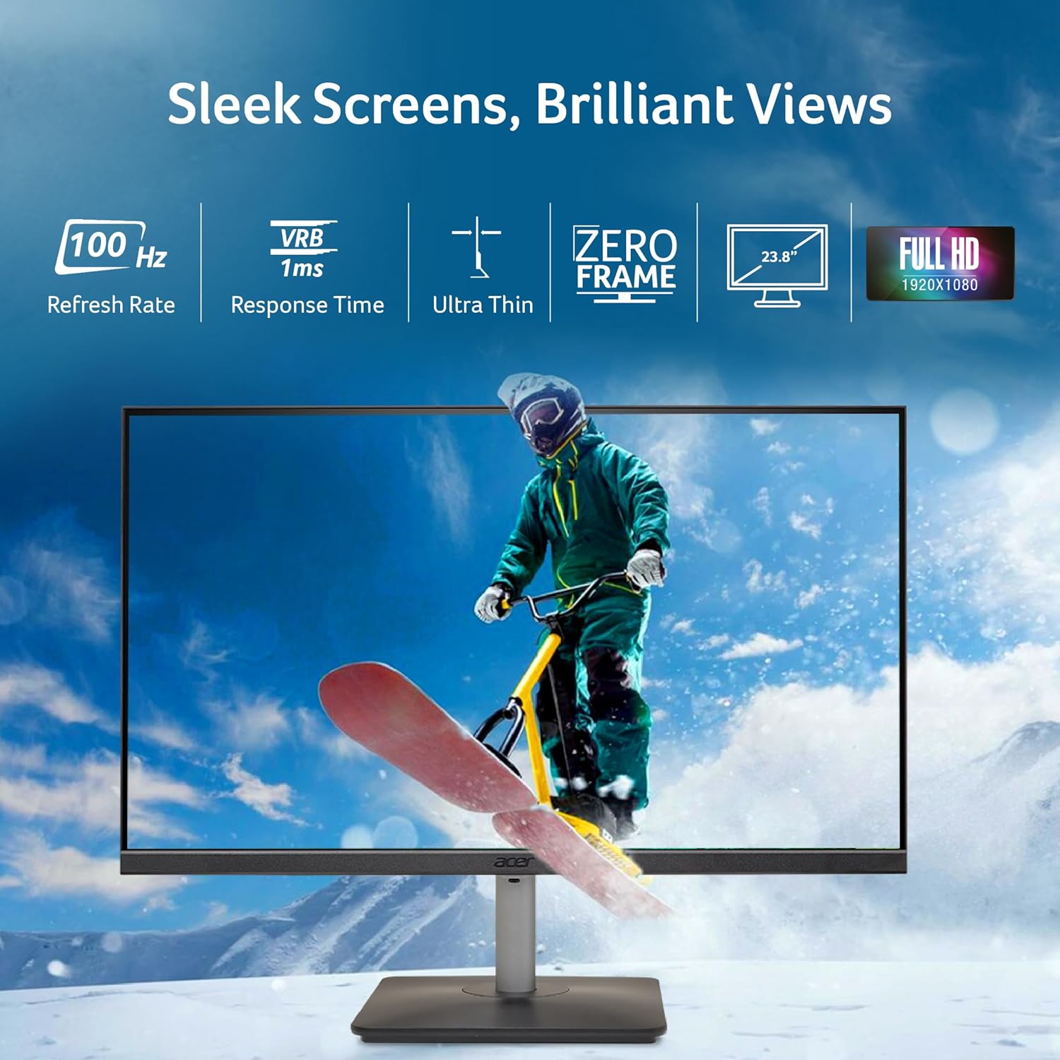 ACER RS242YVBP 23.8 INCH FULL HD IPS ULTRA-THIN (6.9MM) BACKLIT LED MONITOR I COLOR PATTERNED BACK MOOD LIGHT I DUAL GLASS DESIGN, SLEEK METAL FRAME I 1 MS, 100HZ I 1XHDMI 1XVGA I SPEAKERS I EYE CARE
