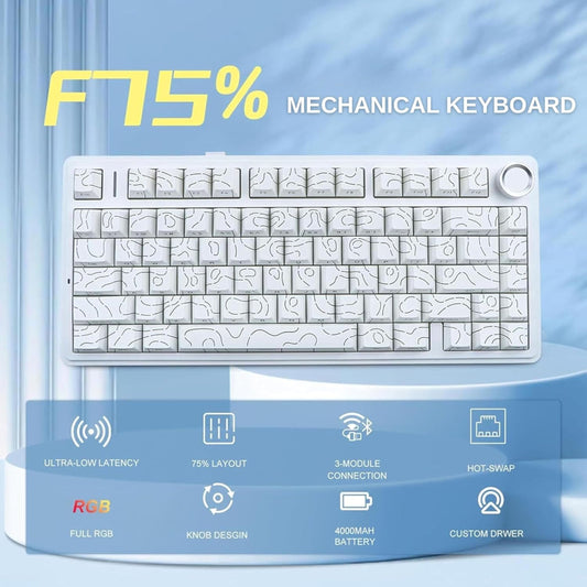 AULA F75 75% Side Engraved Tri Mode Wireless Mechanical Gaming Keyboard ( White Contour - Star Vector Switch )