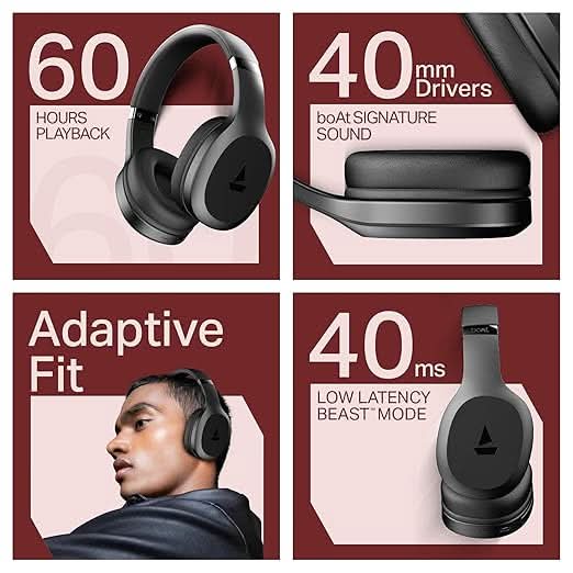 Boat Rockerz 412 40Ms Low Latency, Bluetooth Wireless Over Ear Headphone with Mic (Active Black)
