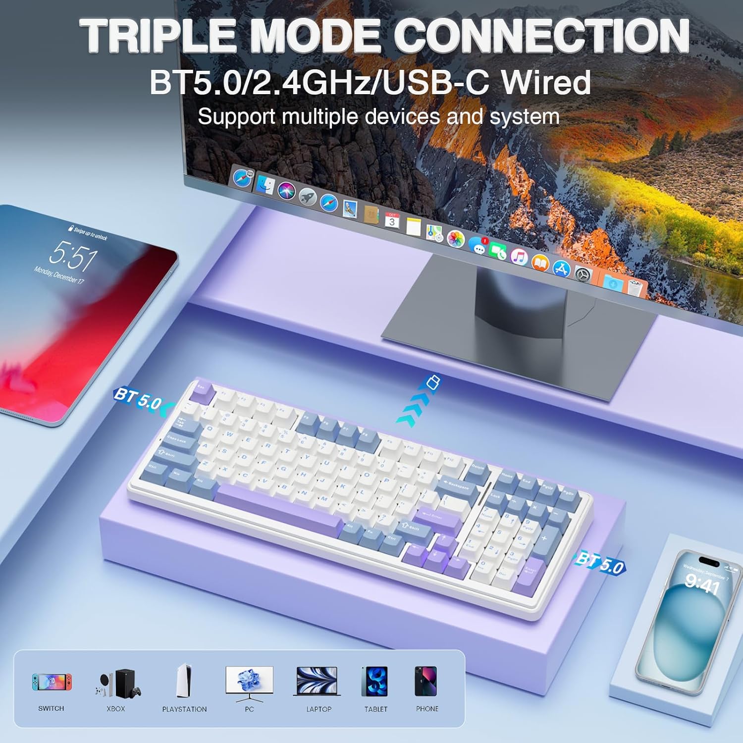 AULA F99 BLUE WHITE GRAYWOOD SWITCH MECHANICAL GAMING KEYBOARD