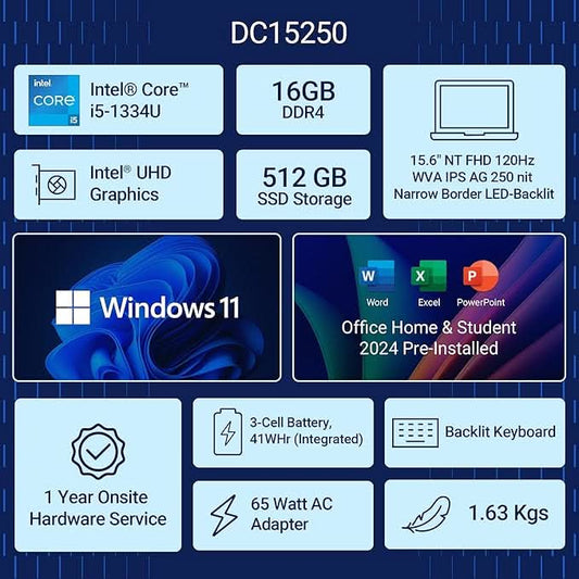 Dell DC15250, 15.6" (39.62 cm) FHD Laptop with Intel Core i5-1334U, 16GB RAM, 512GB SSD, 120Hz, 250 Nits Display, Wi-Fi 6, Windows 11 Home, MSO 11–Sleek, Fast & Reliable for Work, Study & Everyday Use