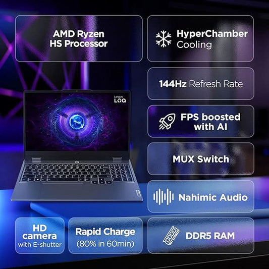 Lenovo LOQ AMD Ryzen 5 7235HS | NVIDIA RTX 3050A 4GB (16GB RAM/512GB SSD/144Hz Refresh Rate/15.6" (39.6cm)/Windows 11/Office Home 2024/3 Mon. Game Pass/Grey/2.4Kg), 83JC00LSIN AI Gaming Laptop