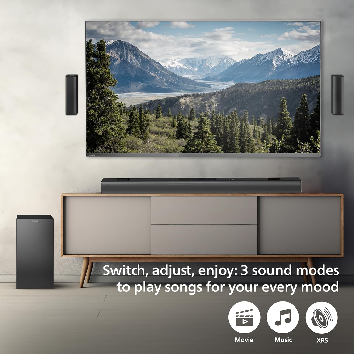 PHILIPS AUDIO TAB4519/94 5.1CH SOUNDBAR WITH WIRELESS SATELLITES AND SUBWOOFER, BASS BOOST, 150W RMS OUTPUT, HDMI ARC, OPTICAL, BLUETOOTH V5.0, WALL MOUNT AND AUX-IN FOR EASY CONNECTION (BLACK)