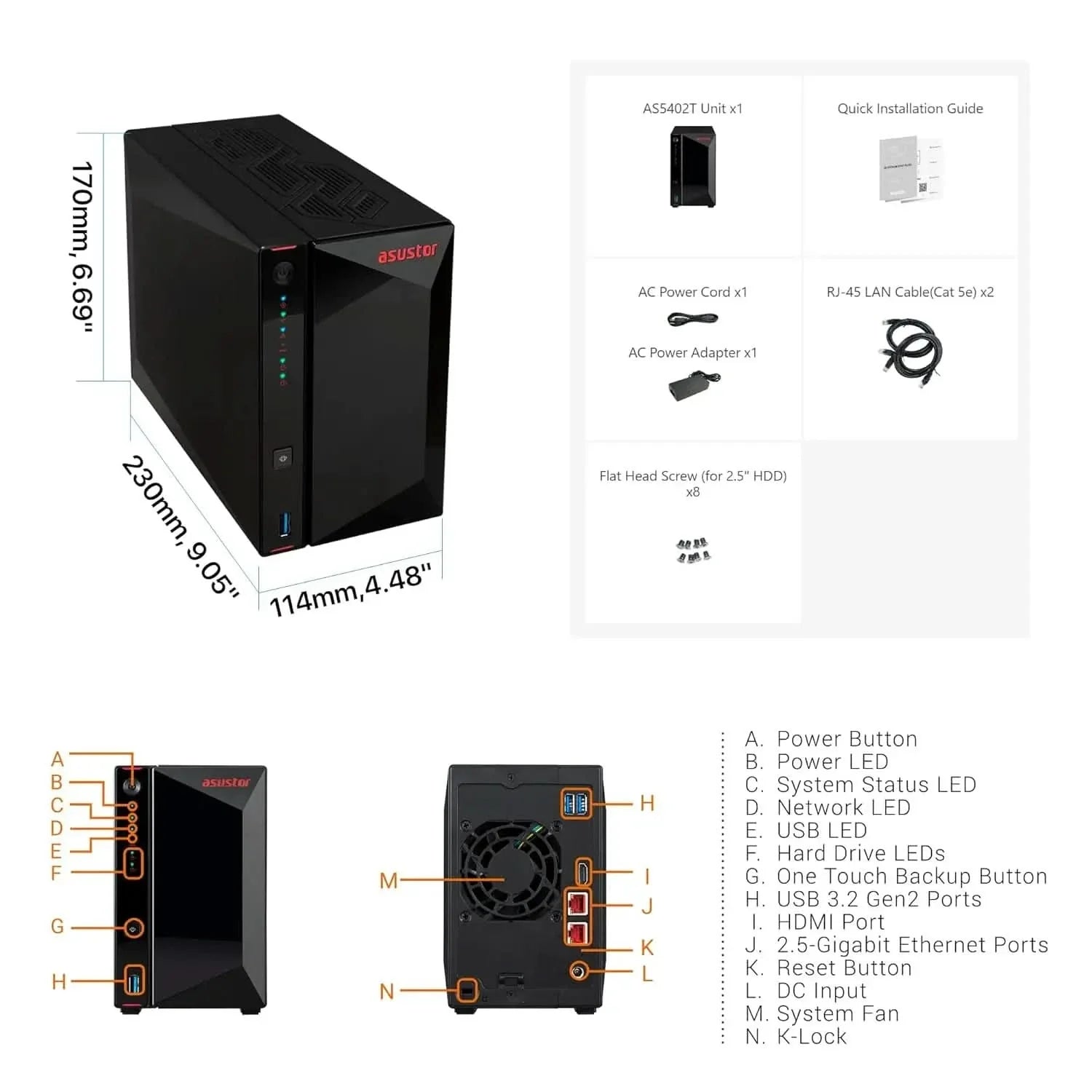 Asustor AS5402T Nimbustor 2 Gen2, 2 Bay NAS Storage, Quad-Core 2.0GHz CPU, 4xM.2 NVMe SSD Slots, 2x2.5GbE Ports, 4GB DDR4 RAM, Gaming Network Attached Storage, Home Personal Cloud Storage