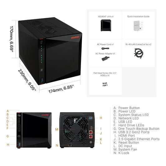 Asustor AS5404T Nimbustor 4 Gen2, 4 Bay NAS Storage, Quad-Core 2.0GHz CPU, 4xM.2 NVMe SSD Slots, 2x2.5GbE Ports, 4GB DDR4 RAM, Gaming Network Attached Storage, Home Personal Cloud Storage